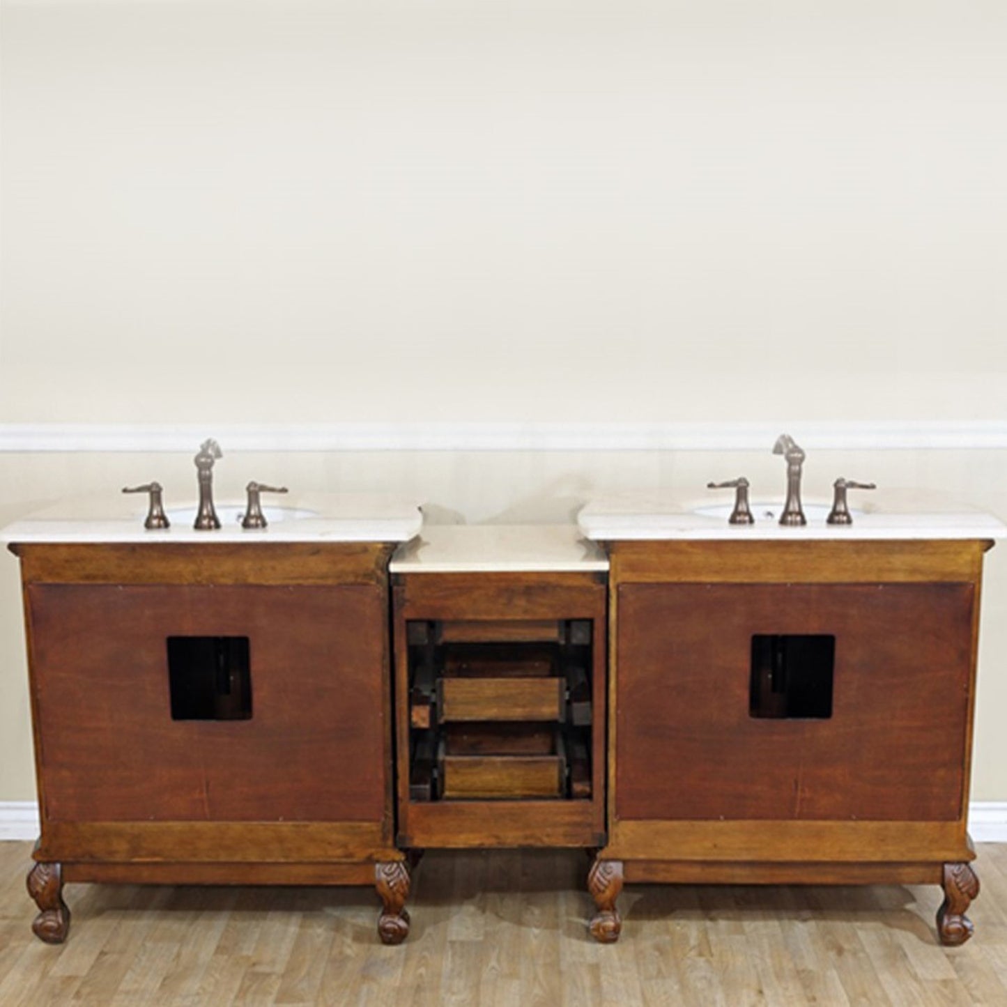82.7" Double sink vanity walnut cream marble