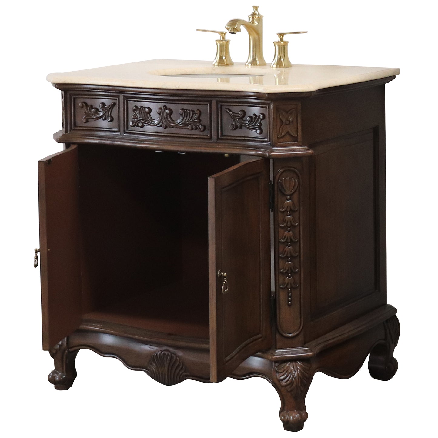 34.6" Single sink vanity wood walnut cream marble