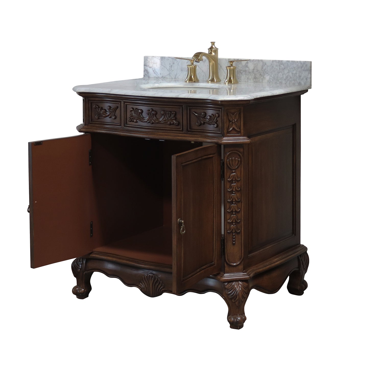34.6" Single sink vanity wood walnut carrara white marble