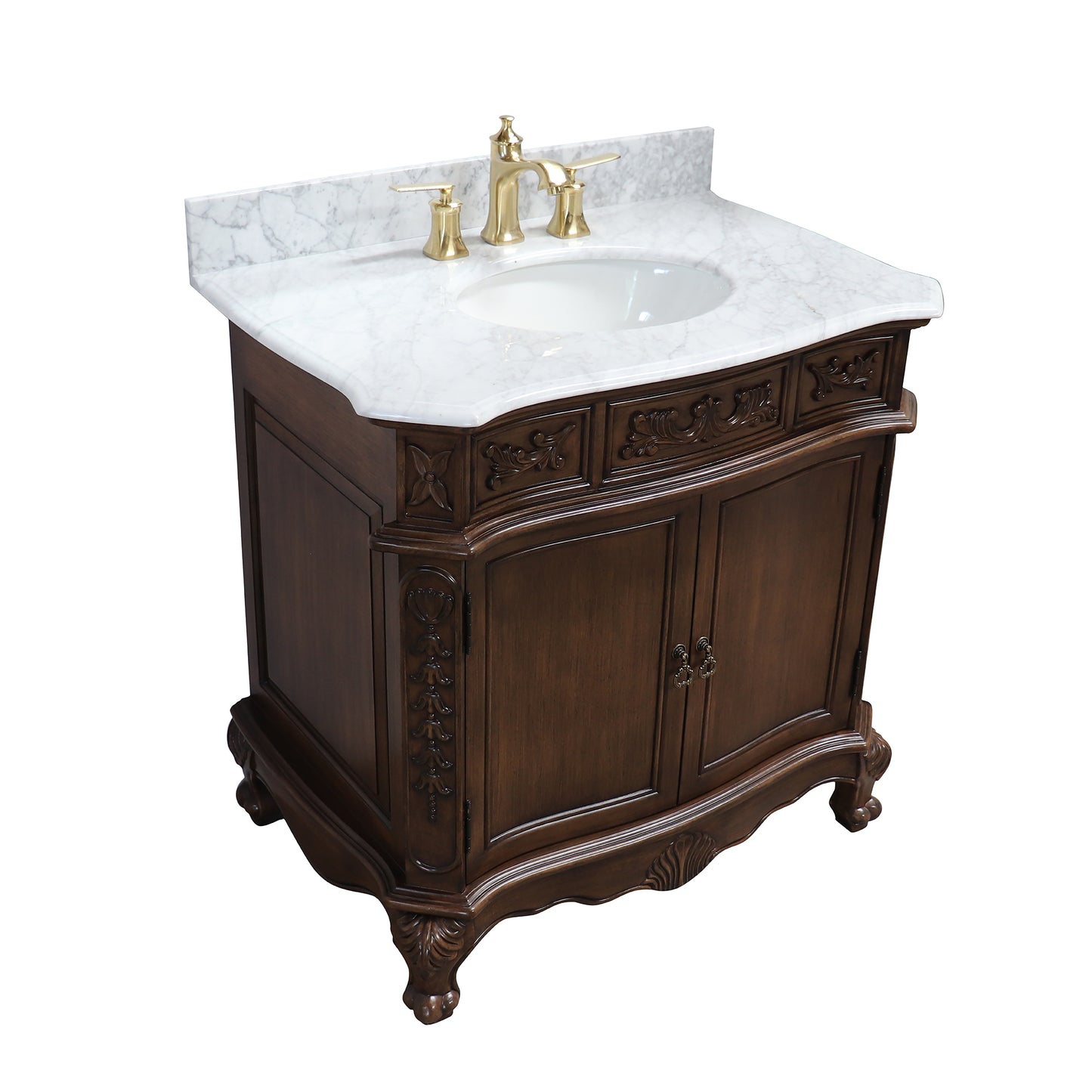 34.6" Single sink vanity wood walnut carrara white marble