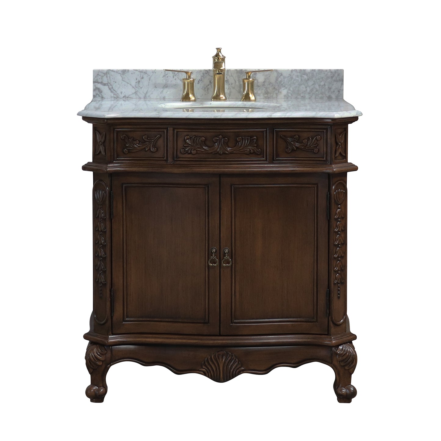 34.6" Single sink vanity wood walnut carrara white marble