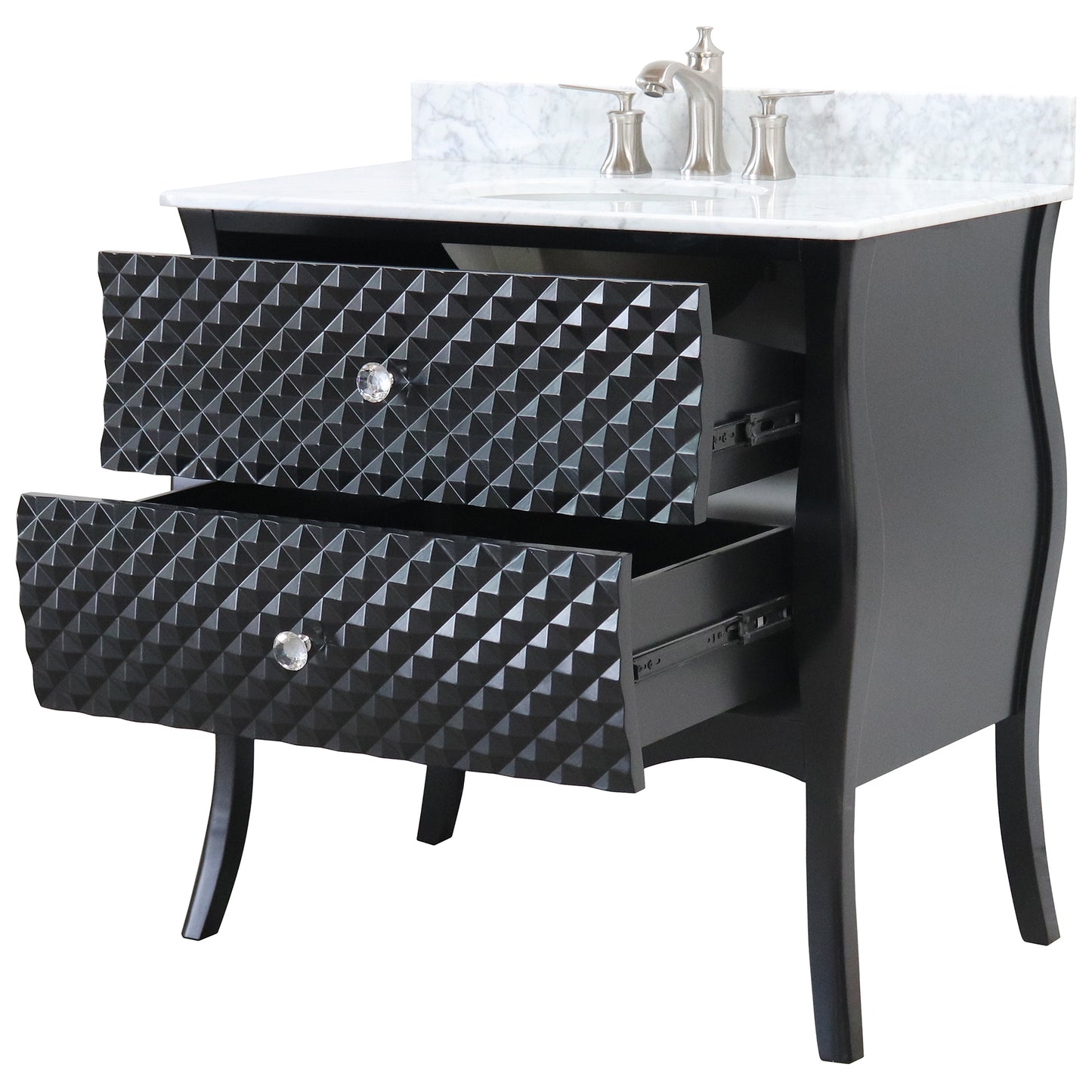 36" Single sink vanity wood black white Carrara marble top with oval sink