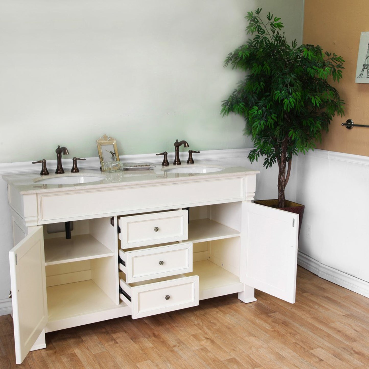 60" Double sink vanity wood cream white