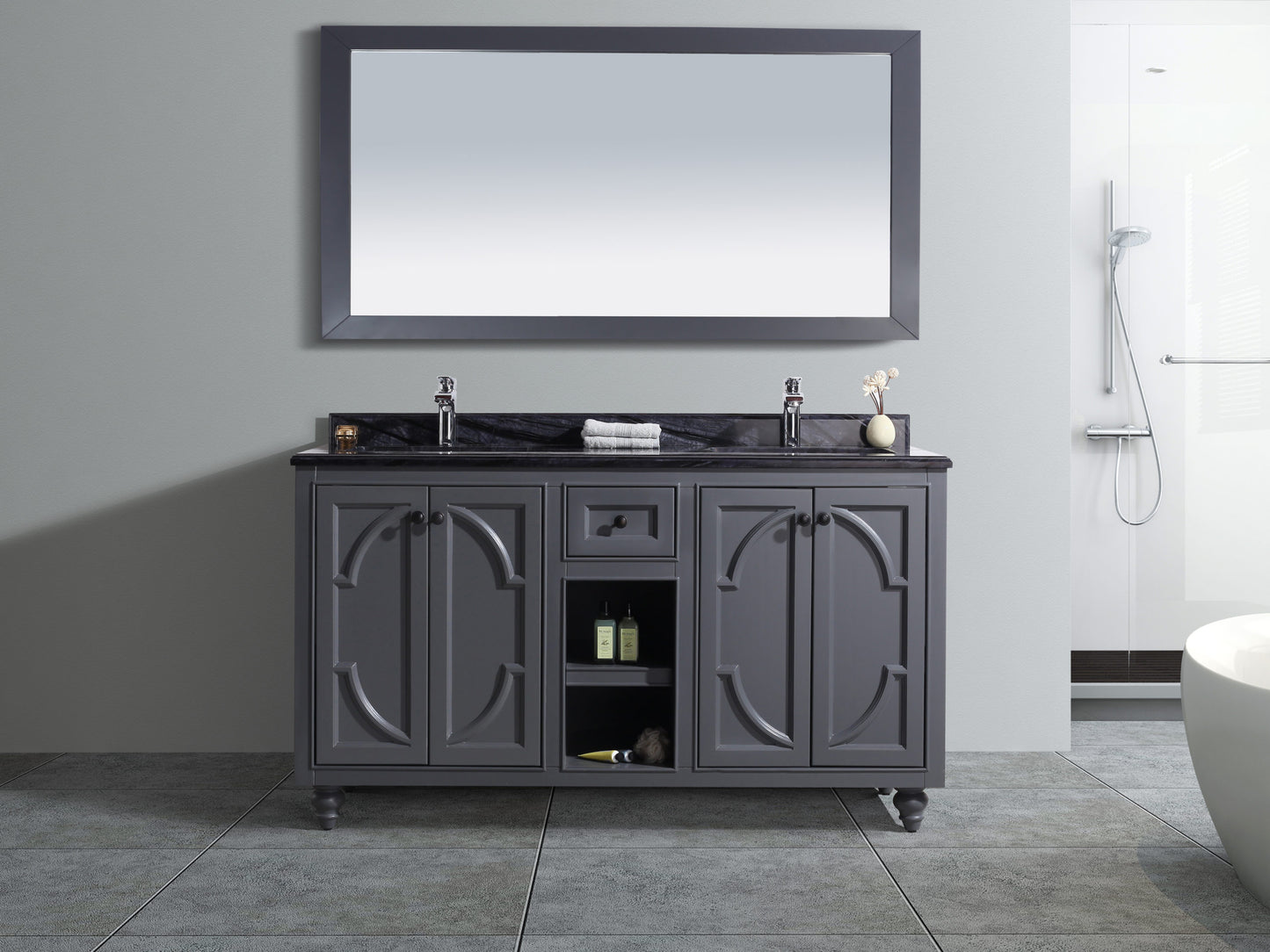 Odyssey 60" Maple Grey Double Sink Bathroom Vanity with Black Wood Marble Countertop