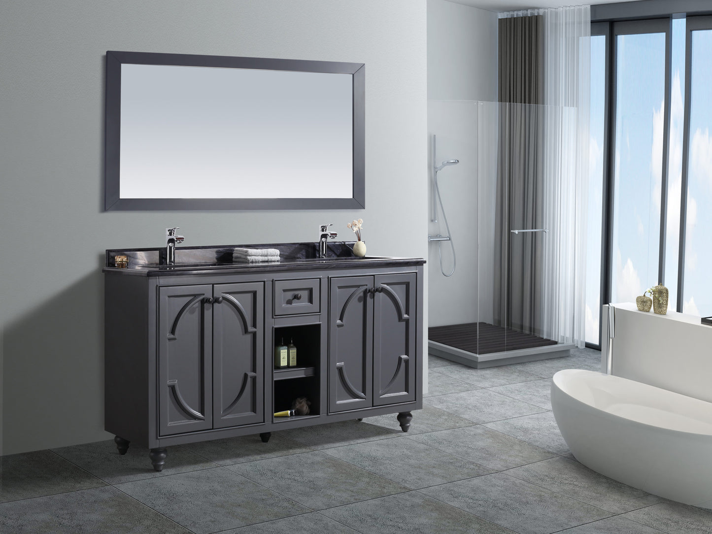 Odyssey 60" Maple Grey Double Sink Bathroom Vanity with Black Wood Marble Countertop