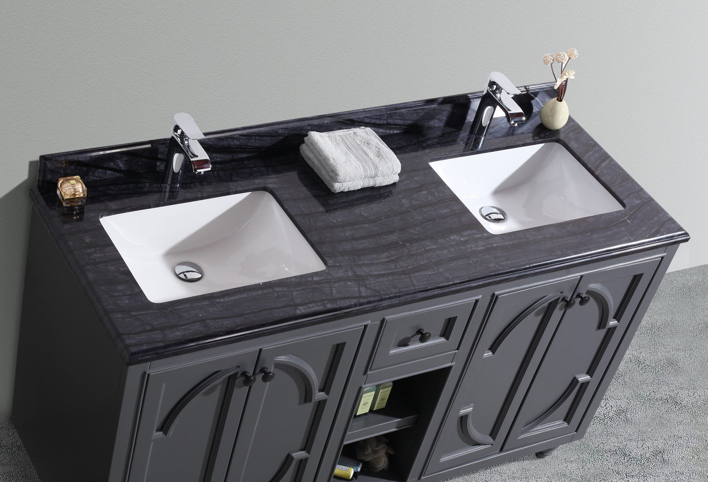 Odyssey 60" Maple Grey Double Sink Bathroom Vanity with Black Wood Marble Countertop
