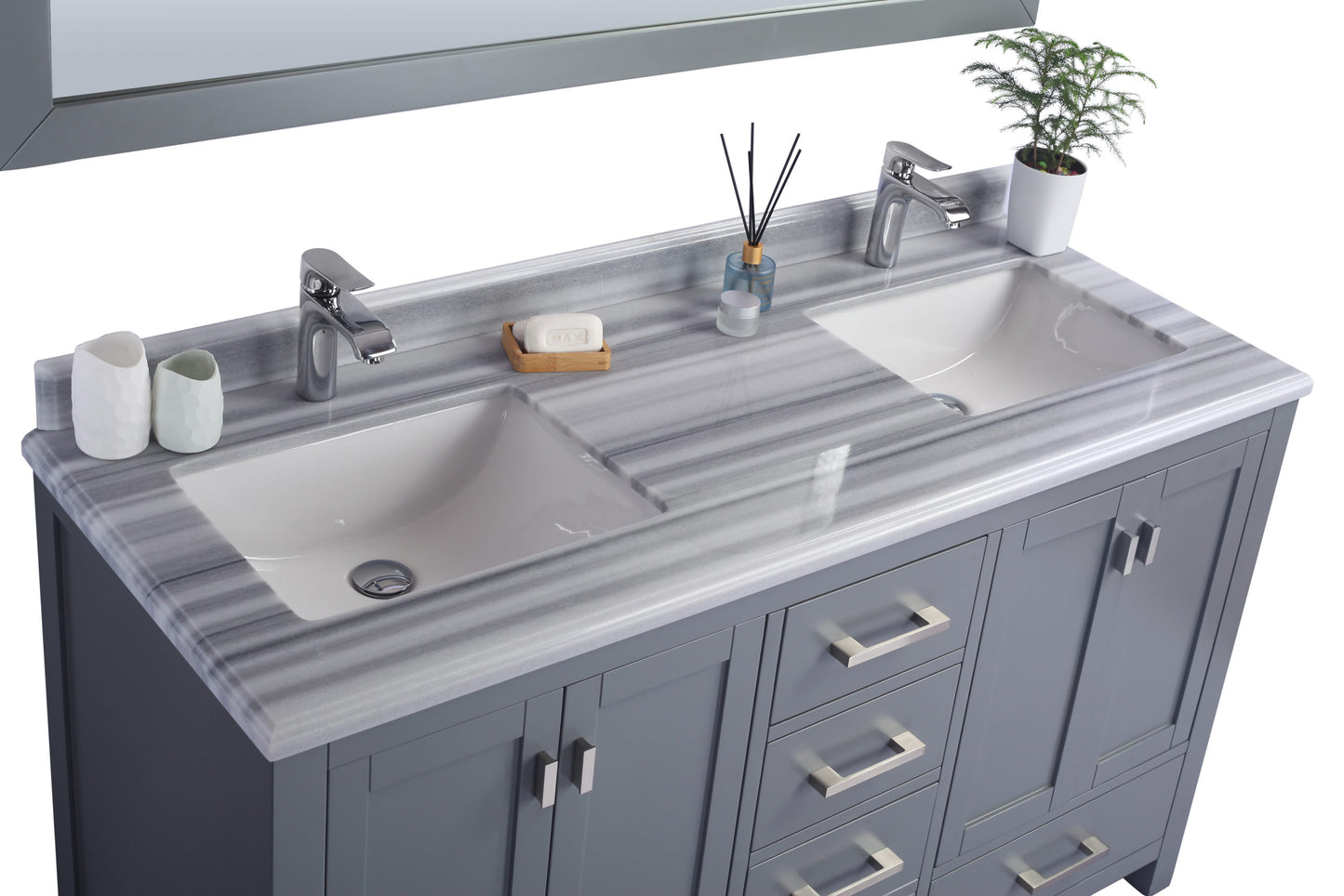 Wilson 60" Grey Double Sink Bathroom Vanity with White Stripes Marble Countertop