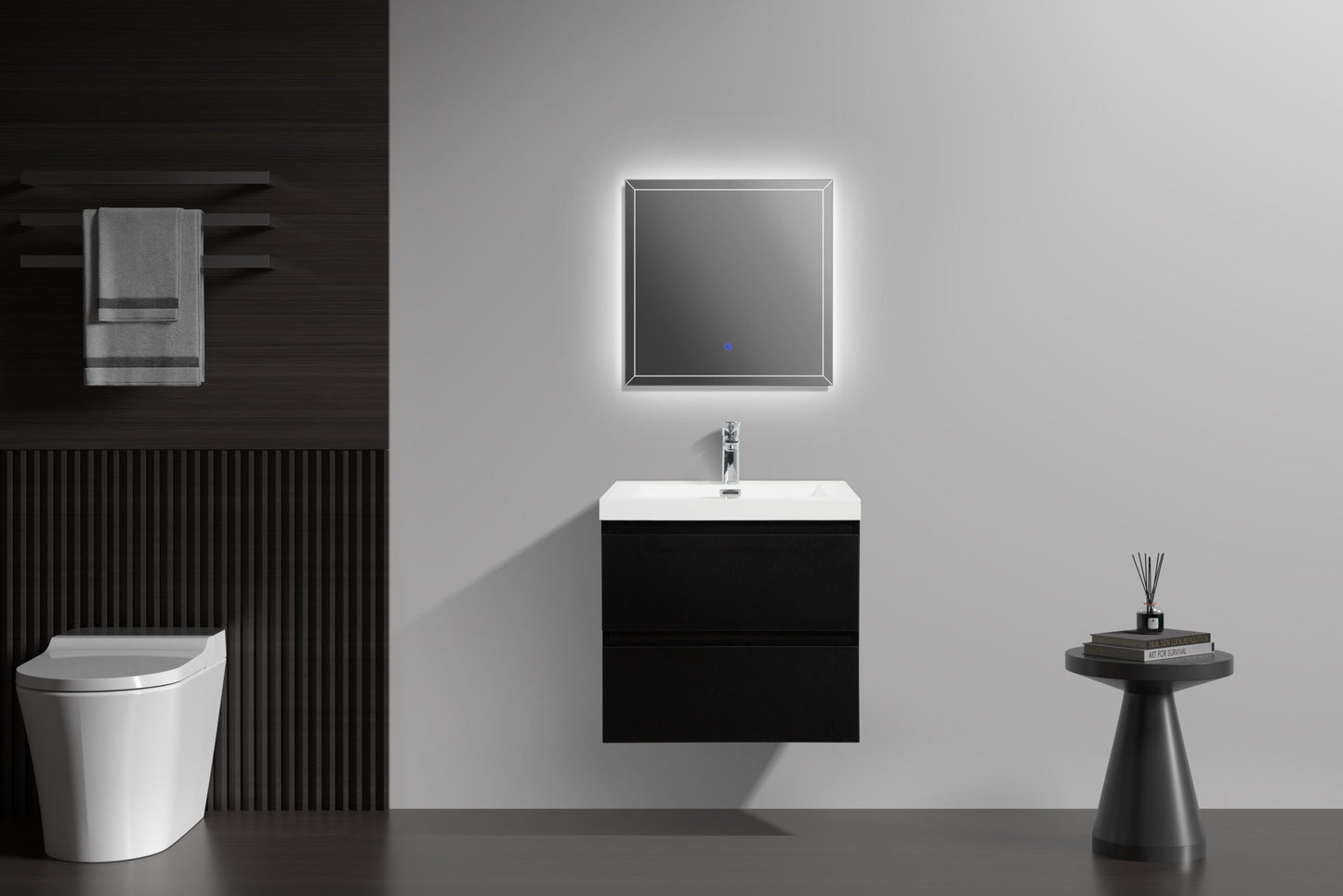 Aurora 24" Matte Midnight Black Wall Hung Bathroom Vanity with White Acrylic Countertop