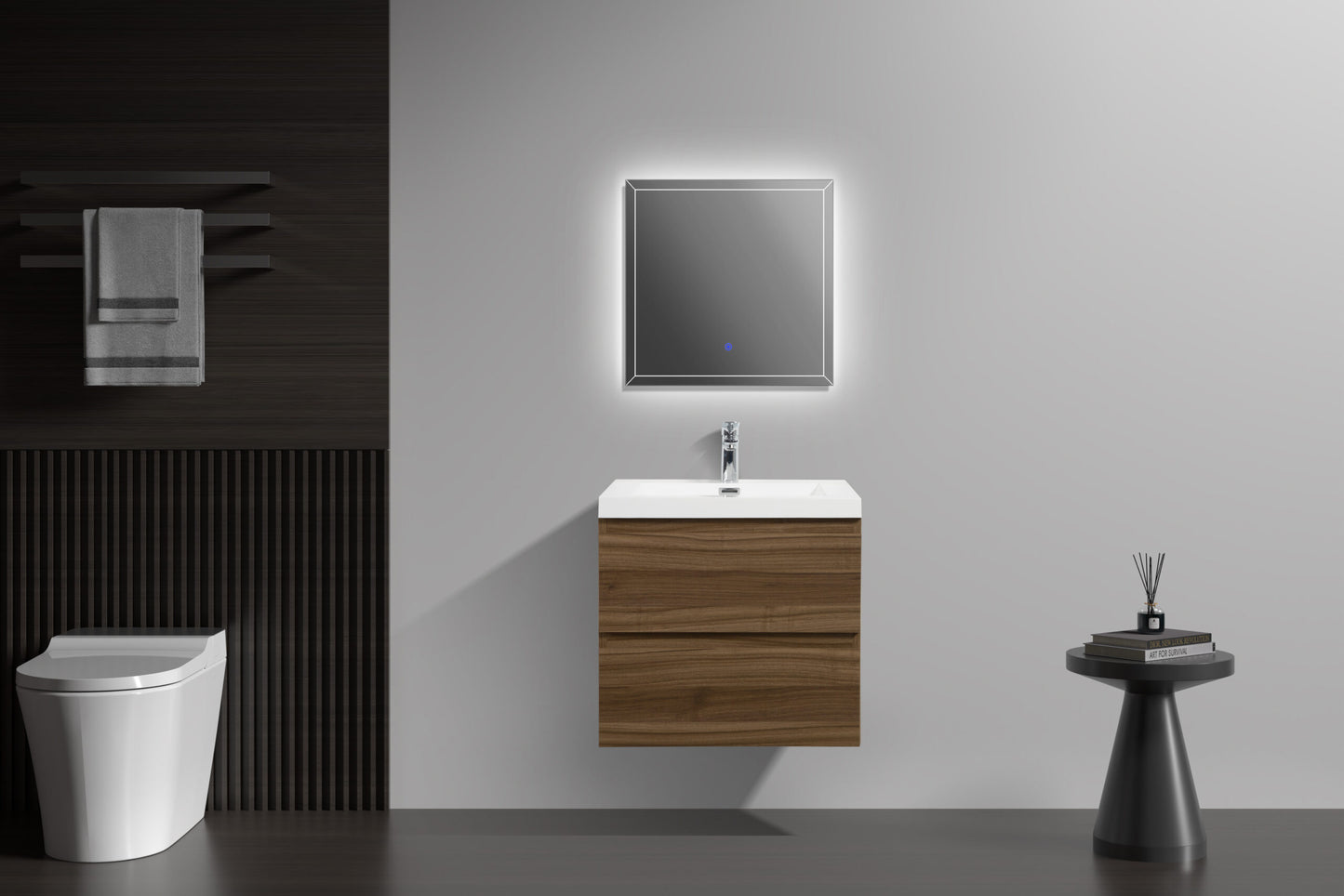 Aurora 24" Smokey Walnut Wall Hung Bathroom Vanity with White Acrylic Countertop