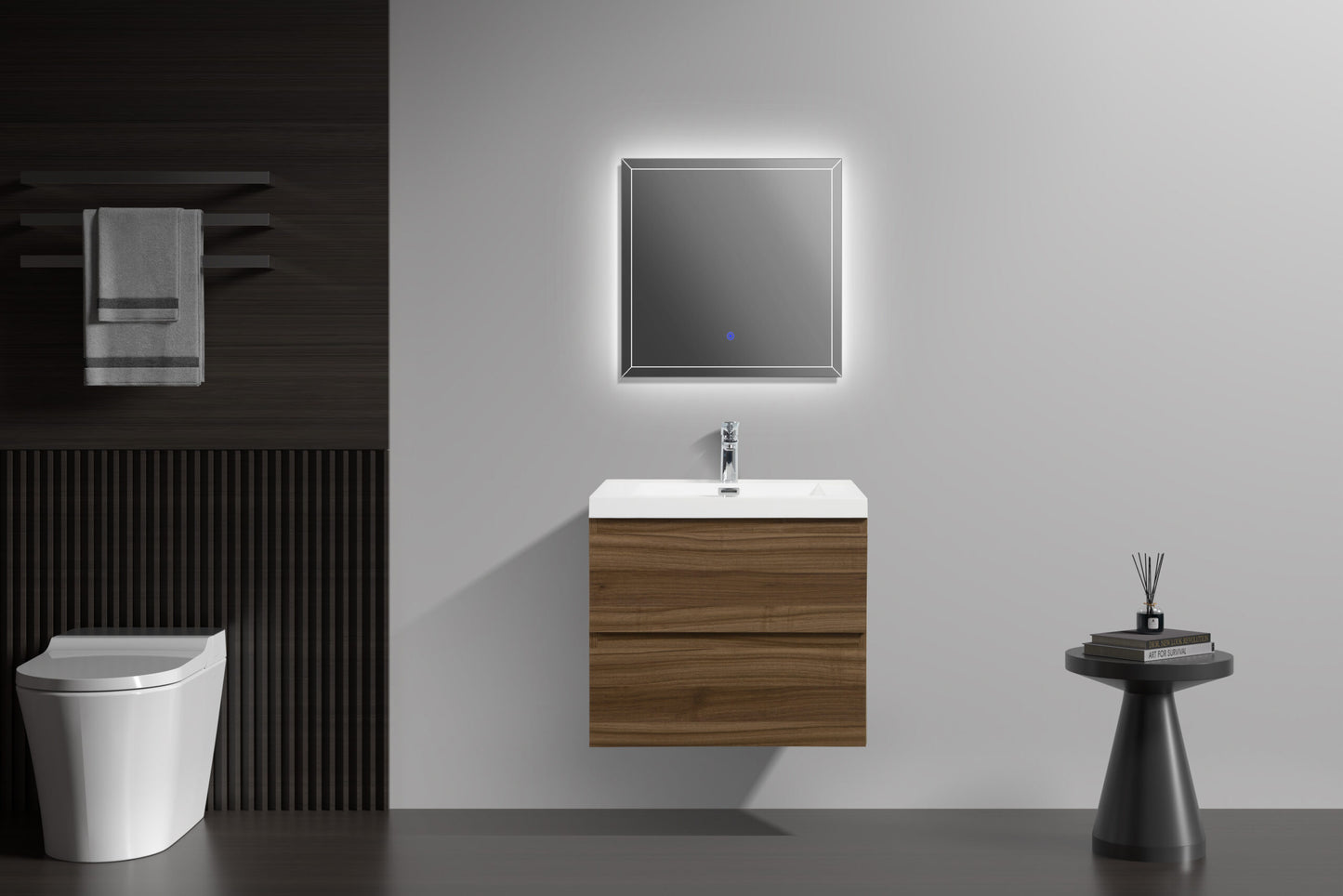 Aurora 30" Smokey Walnut Wall Hung Bathroom Vanity with White Acrylic Countertop