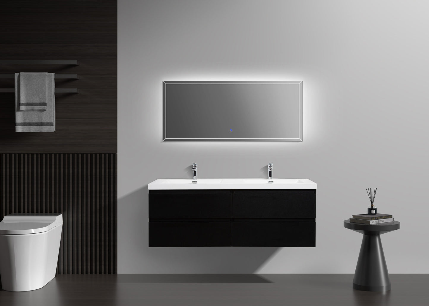 Aurora 60" Matte Midnight Black Wall Hung Double Sink Bathroom Vanity with White Acrylic Countertop