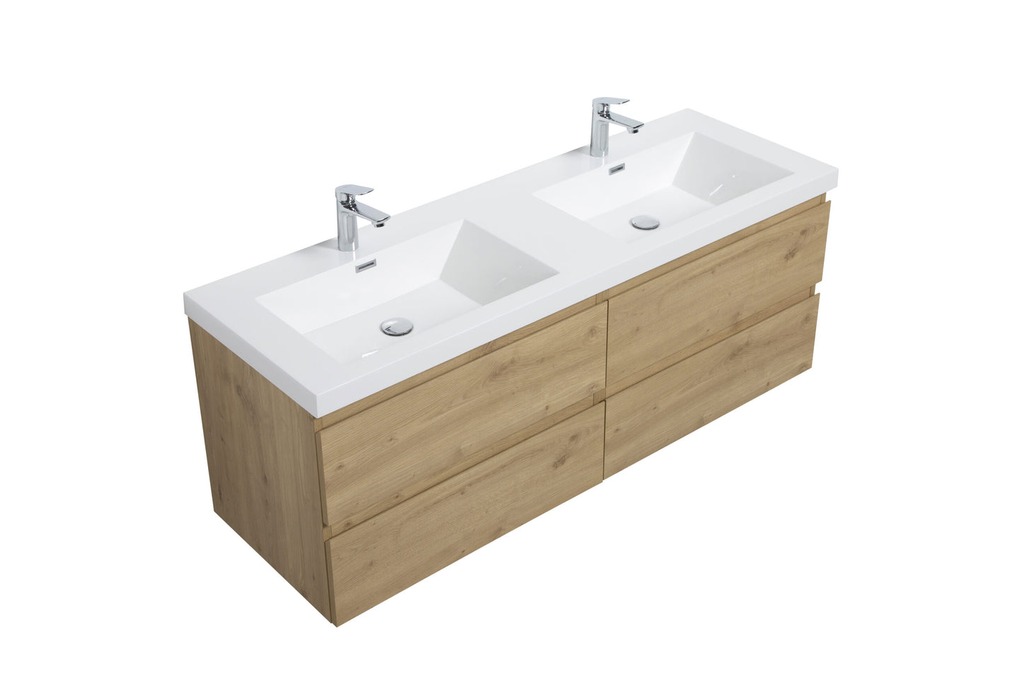Aurora 60" Sonoma Oak Wall Hung Double Sink Bathroom Vanity with White Acrylic Countertop