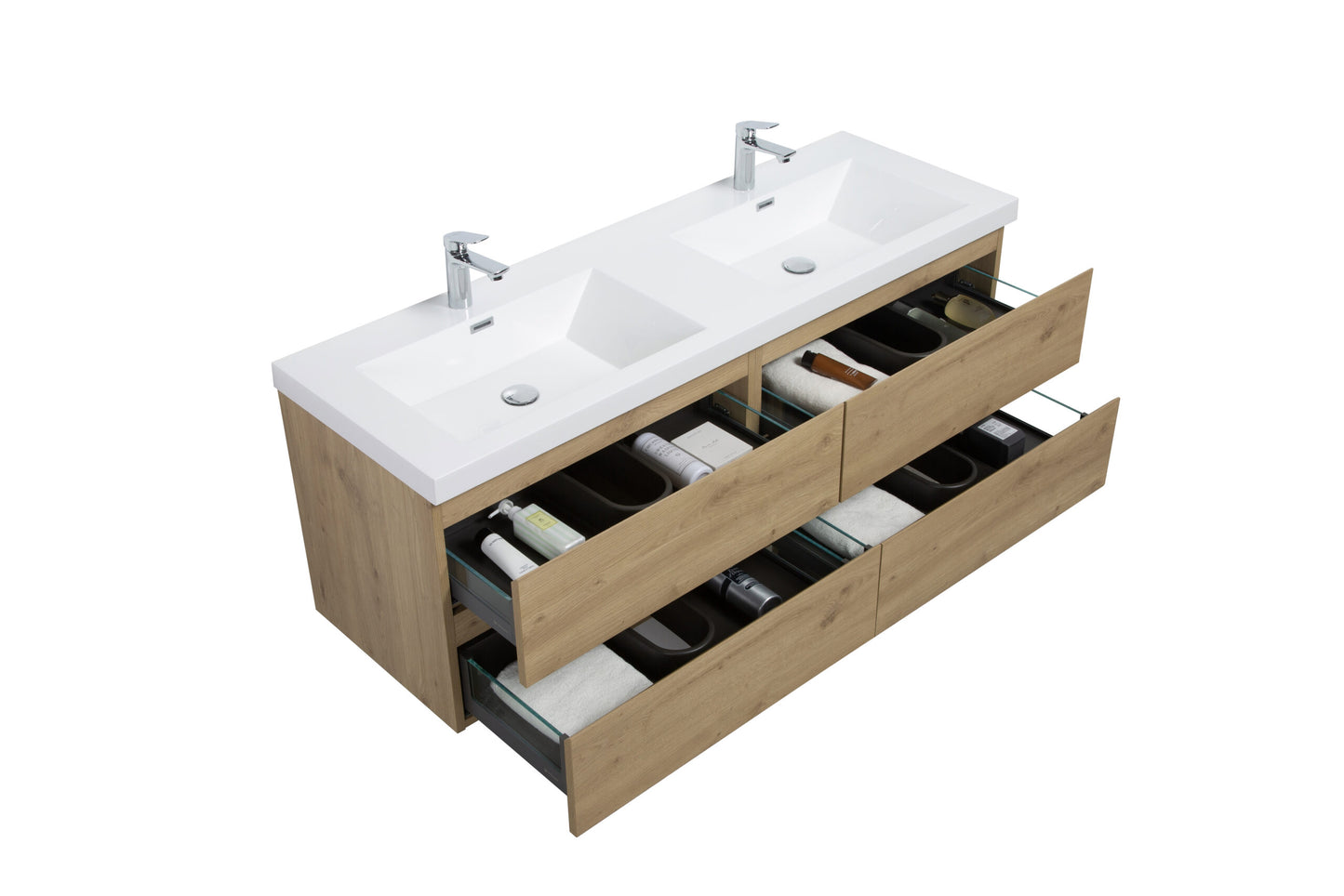Aurora 60" Sonoma Oak Wall Hung Double Sink Bathroom Vanity with White Acrylic Countertop