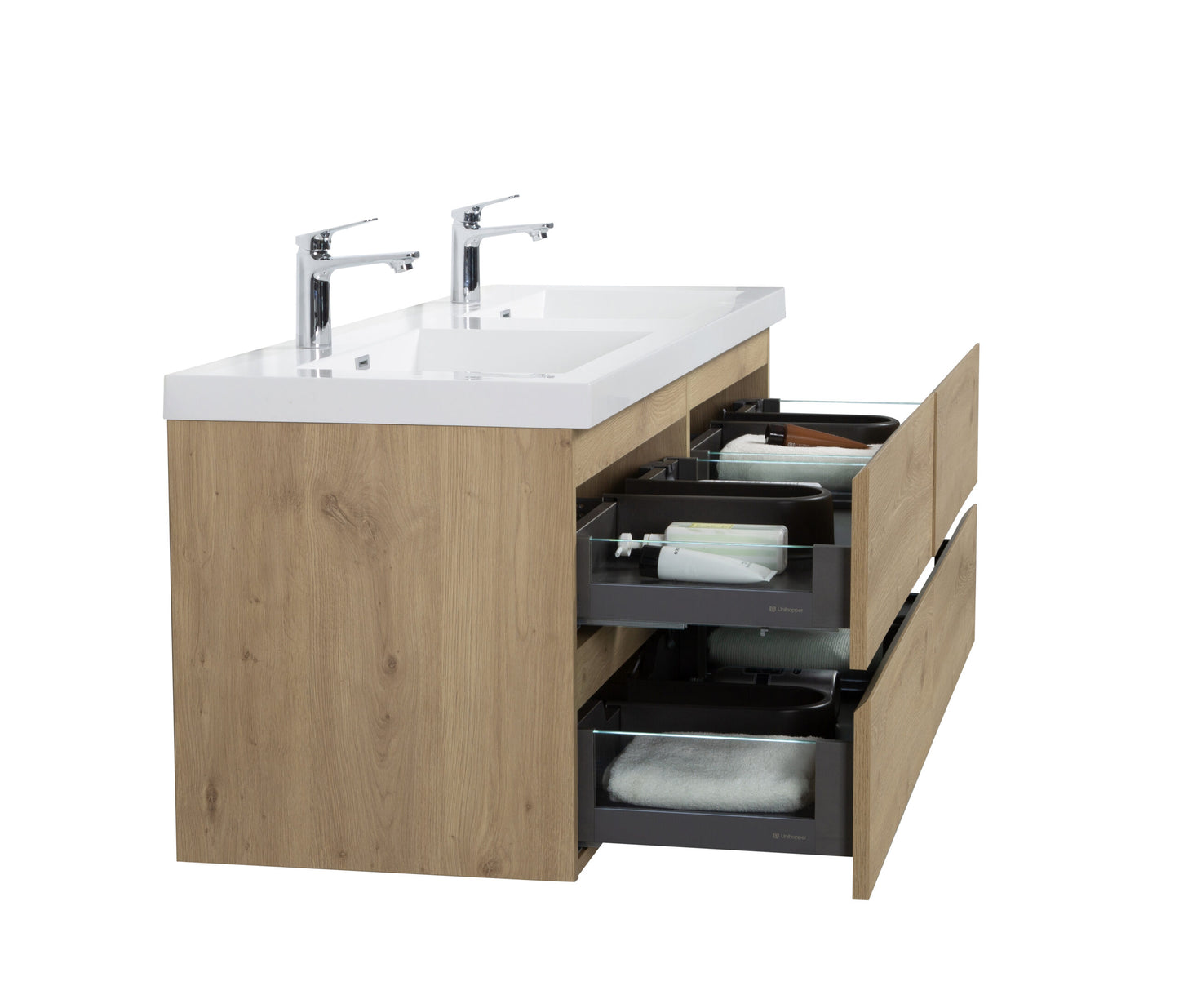 Aurora 60" Sonoma Oak Wall Hung Double Sink Bathroom Vanity with White Acrylic Countertop