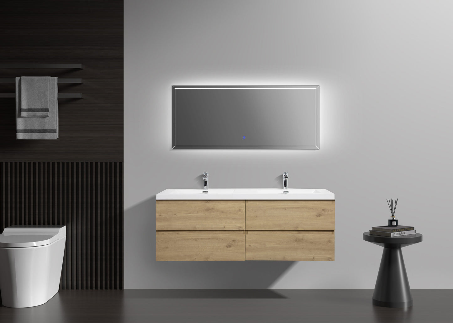 Aurora 60" Sonoma Oak Wall Hung Double Sink Bathroom Vanity with White Acrylic Countertop