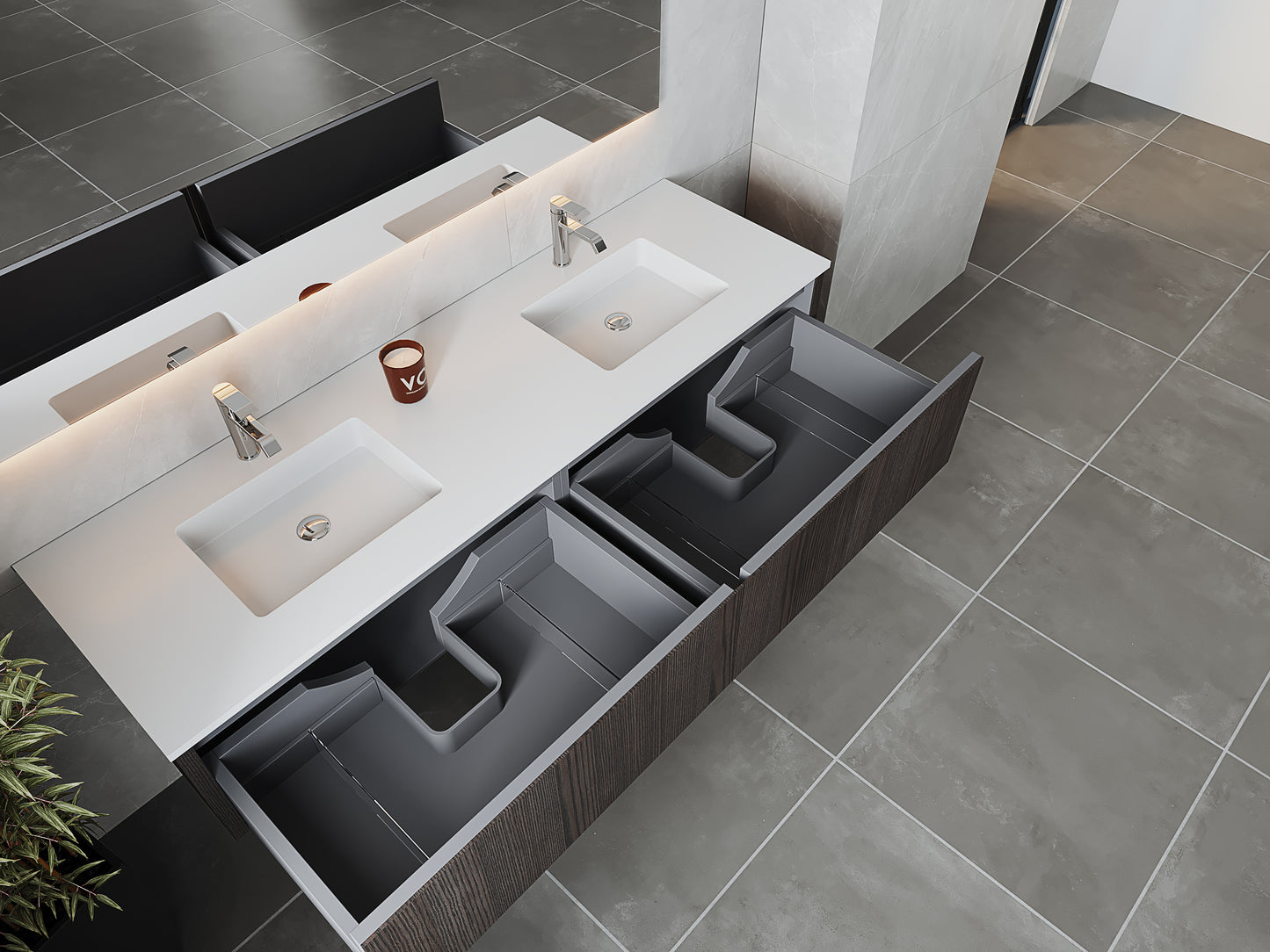 Legno 72" Carbon Oak Double Sink Bathroom Vanity with Matte White VIVA Stone Solid Surface Countertop