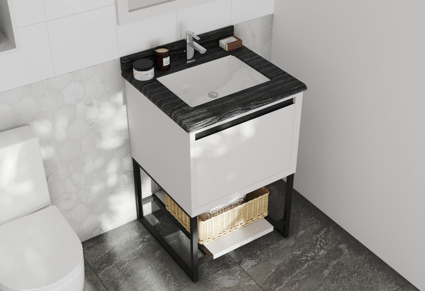 Forever 24" Single Hole Black Wood Marble Countertop with Rectangular Ceramic Sink