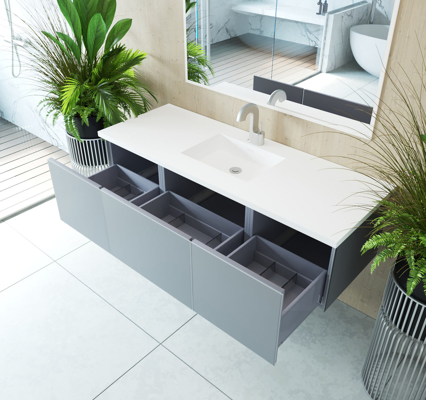 Vitri 60" Fossil Grey Single Sink Bathroom Vanity with VIVA Stone Matte White Solid Surface Countertop