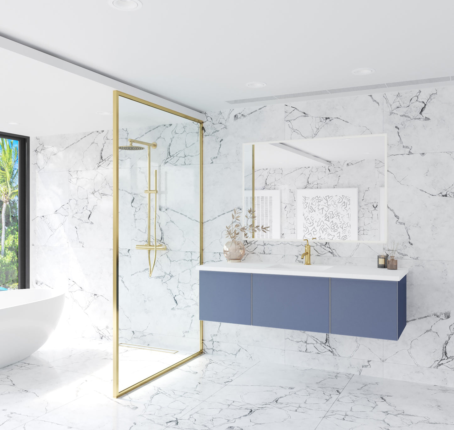 Vitri 60" Nautical Blue Single Sink Bathroom Vanity with VIVA Stone Matte White Solid Surface Countertop