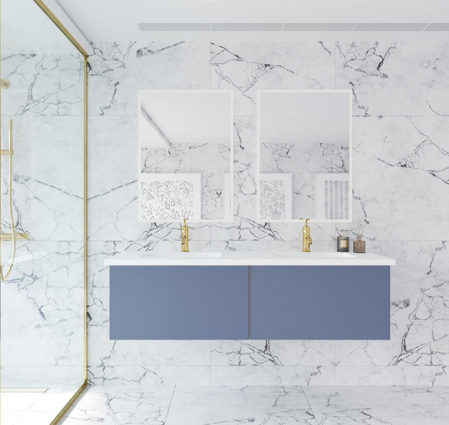 Vitri 60" Nautical Blue Double Sink Bathroom Vanity with VIVA Stone Matte White Solid Surface Countertop