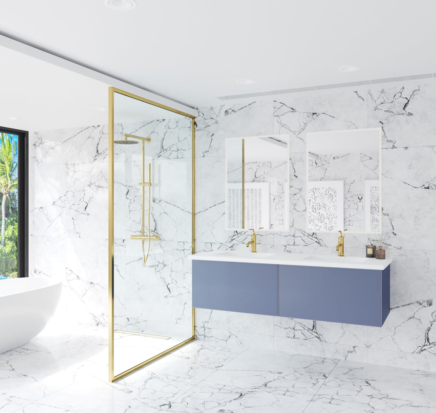 Vitri 60" Nautical Blue Double Sink Bathroom Vanity with VIVA Stone Matte White Solid Surface Countertop