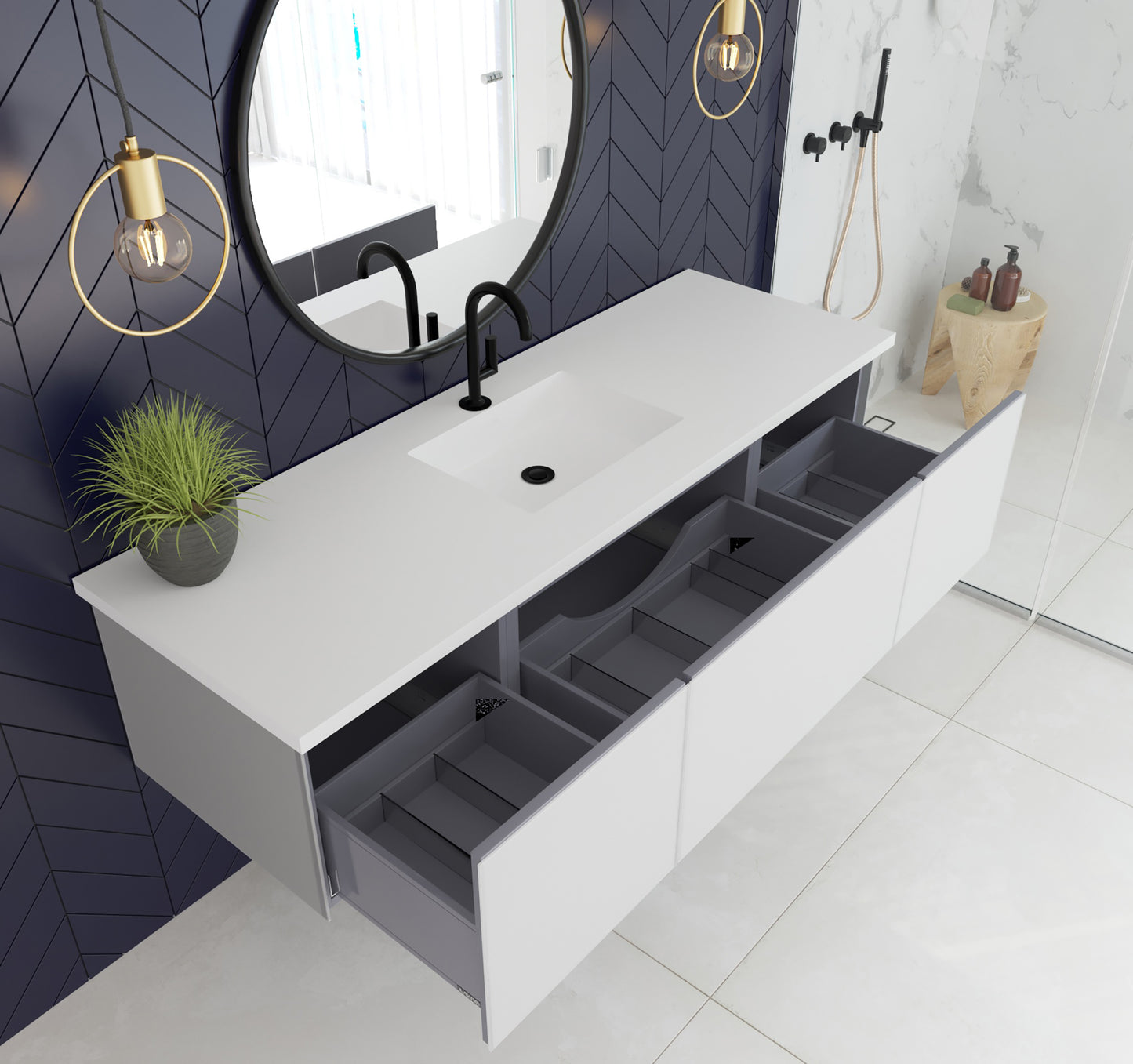 Vitri 66" Cloud White Single Sink Wall Hung Bathroom Vanity Cabinet