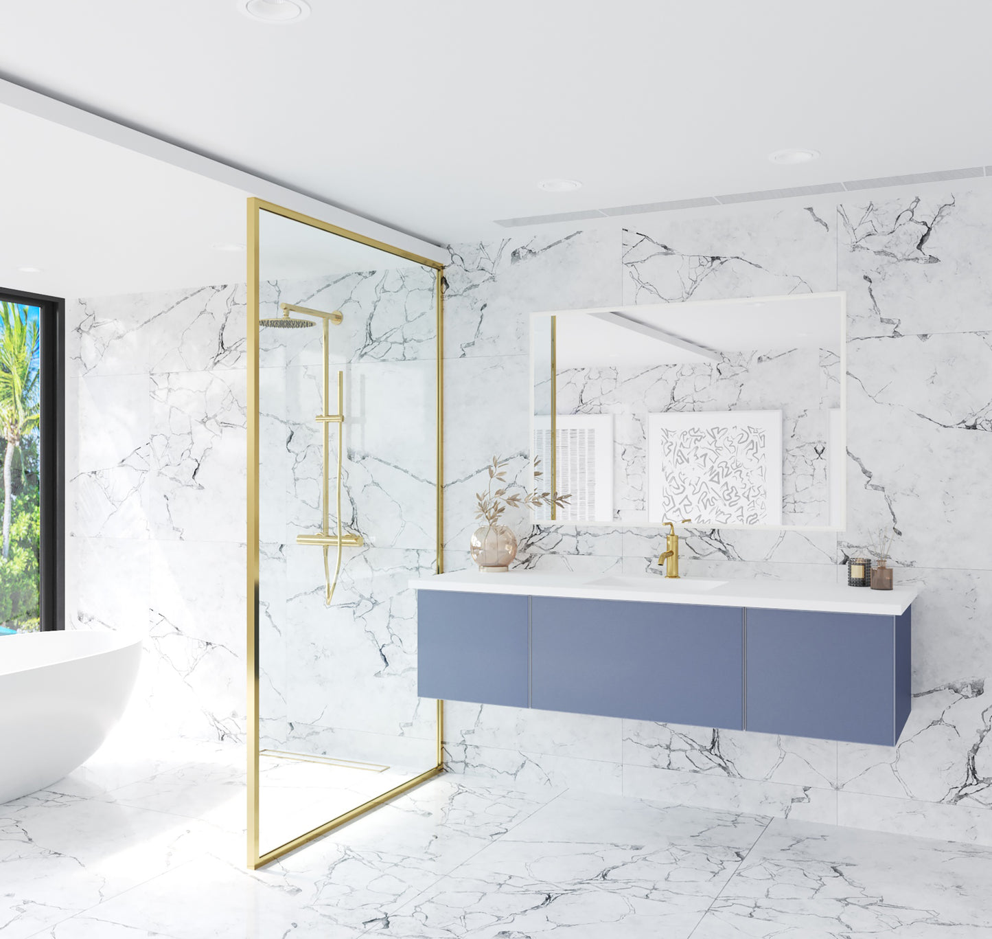 Vitri 66" Nautical Blue Single Sink Bathroom Vanity with VIVA Stone Matte White Solid Surface Countertop
