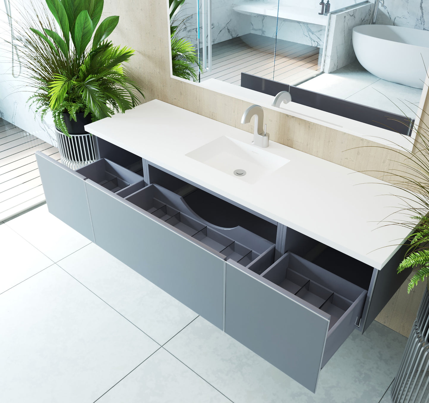 Vitri 72" Fossil Grey Single Sink Bathroom Vanity with VIVA Stone Matte White Solid Surface Countertop