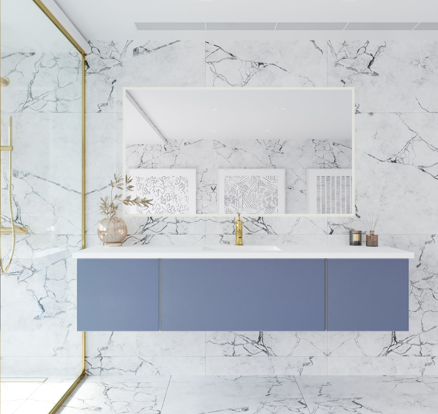 Vitri 72" Nautical Blue Single Sink Bathroom Vanity with VIVA Stone Matte White Solid Surface Countertop