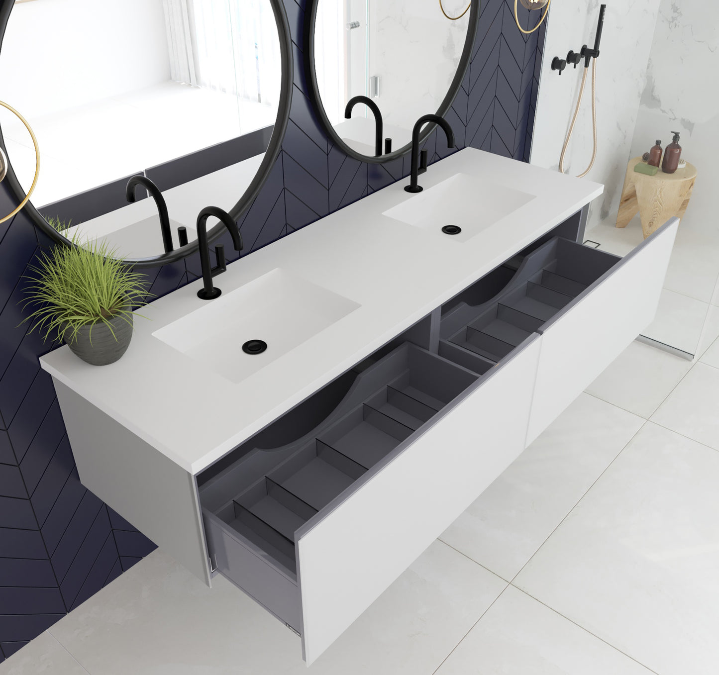 Vitri 72" Cloud White Double Sink Bathroom Vanity with VIVA Stone Matte White Solid Surface Countertop