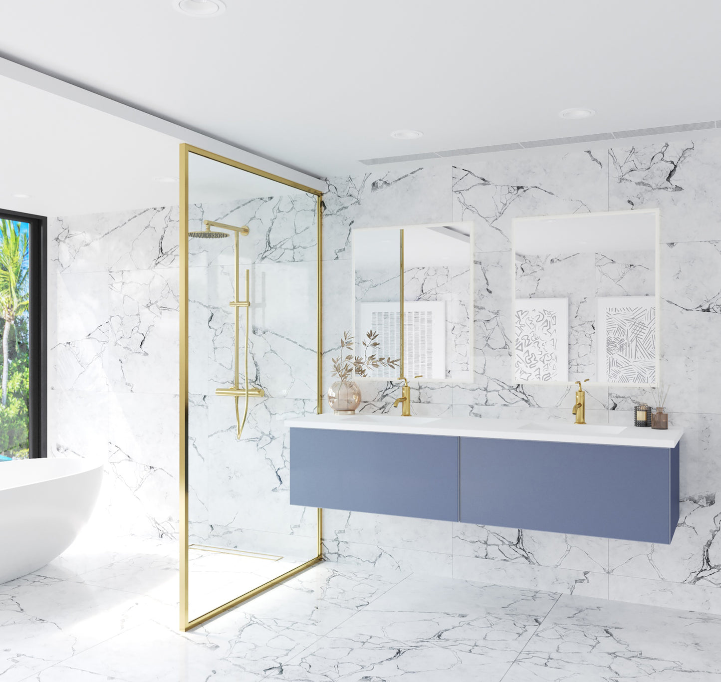 Vitri 72" Nautical Blue Double Sink Bathroom Vanity with VIVA Stone Matte White Solid Surface Countertop