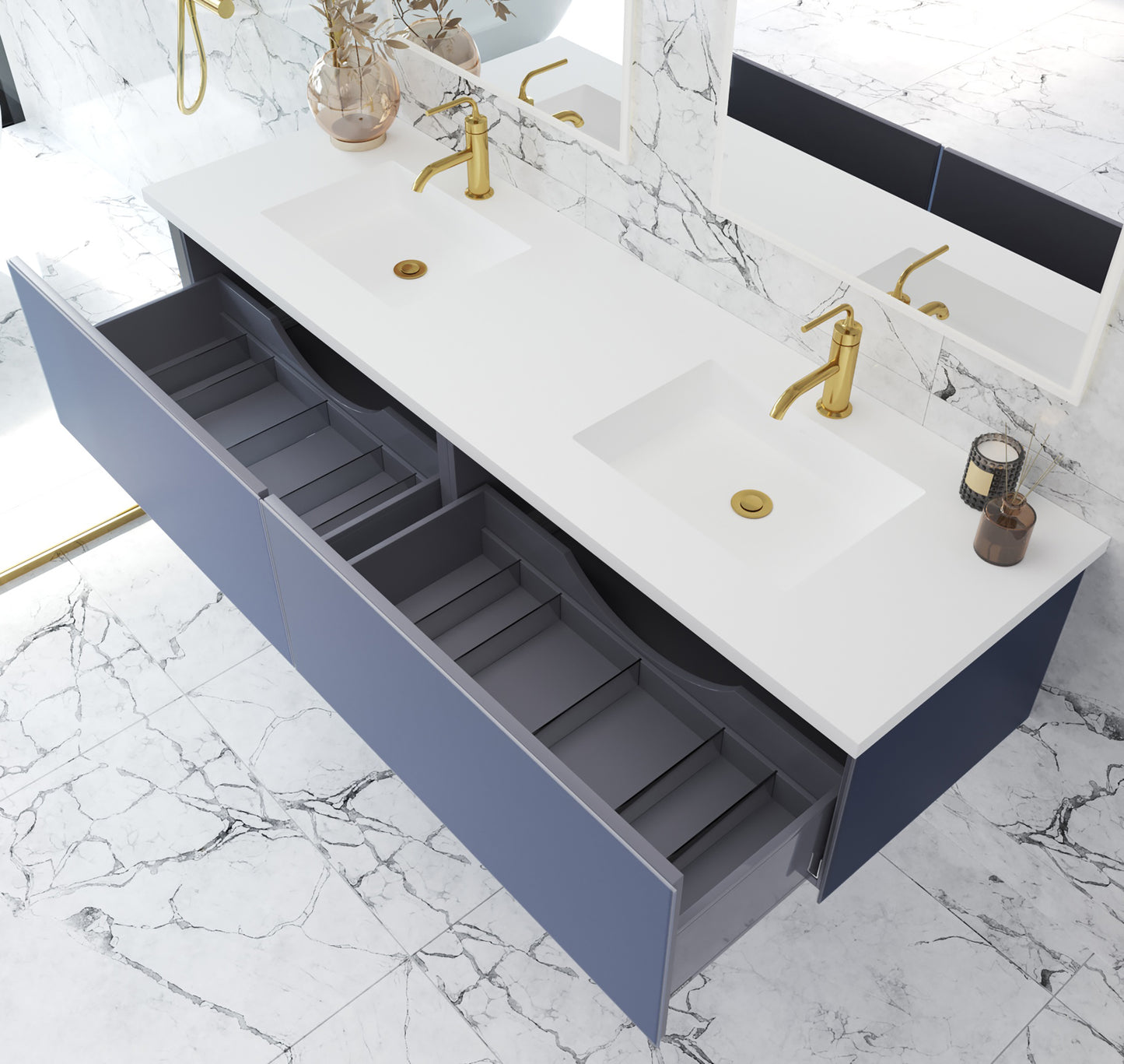 Vitri 72" Nautical Blue Double Sink Bathroom Vanity with VIVA Stone Matte White Solid Surface Countertop