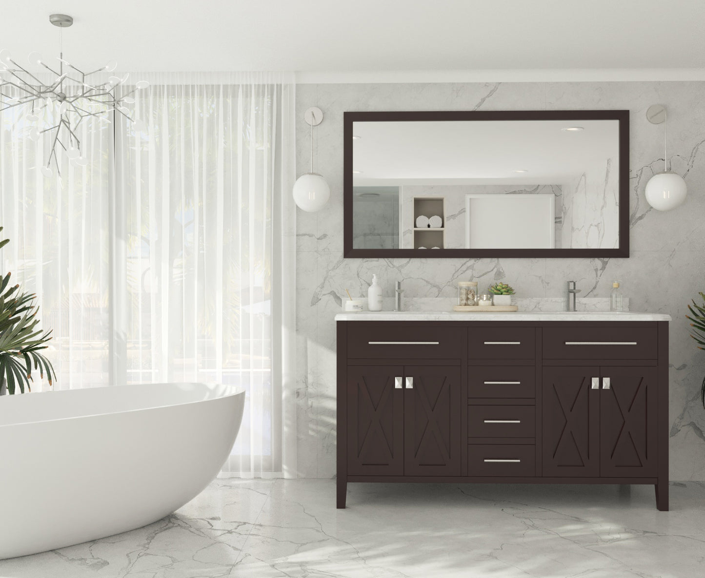 Wimbledon 60" Brown Double Sink Bathroom Vanity with White Carrara Marble Countertop