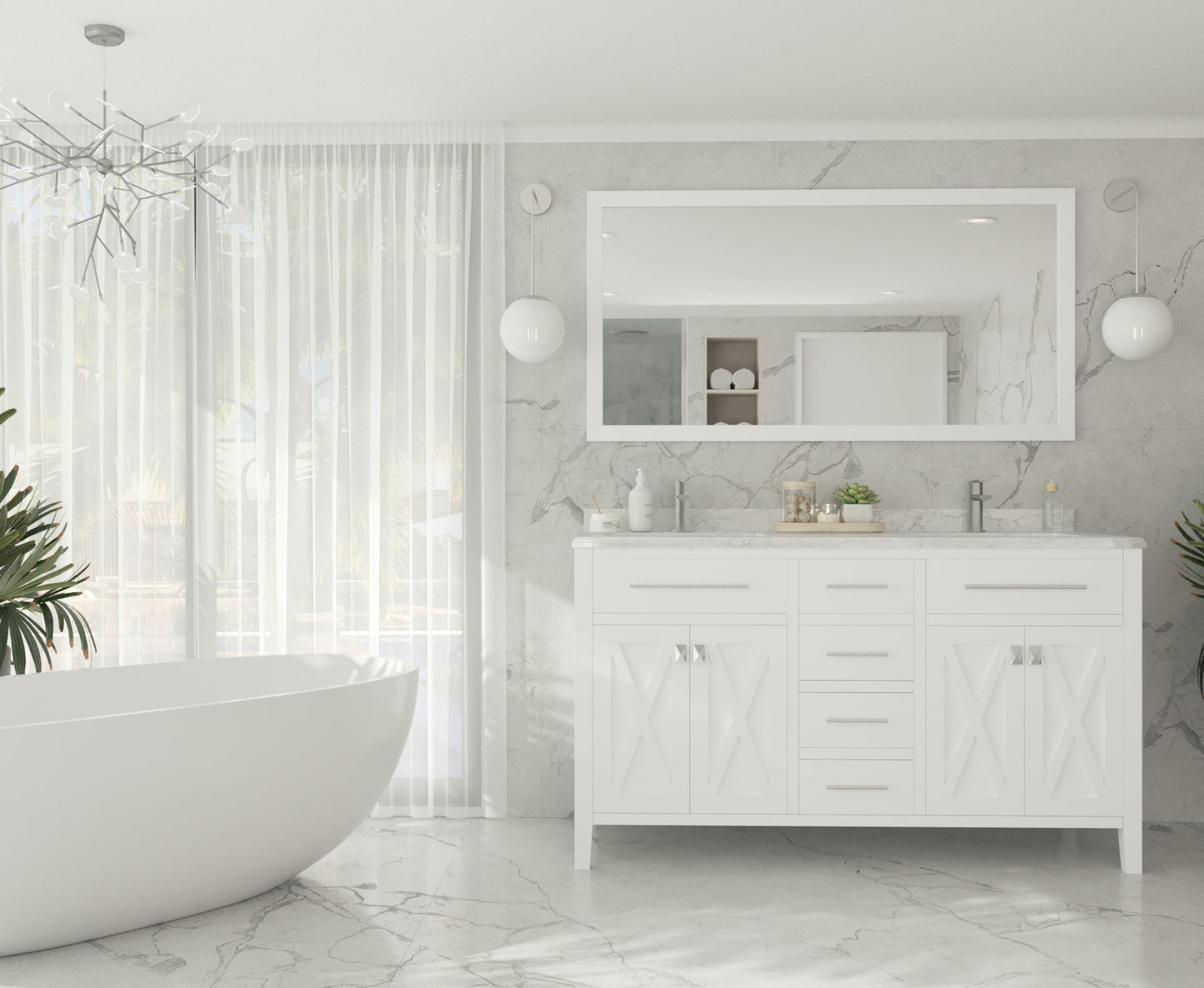 Wimbledon 60" White Double Sink Bathroom Vanity with White Carrara Marble Countertop