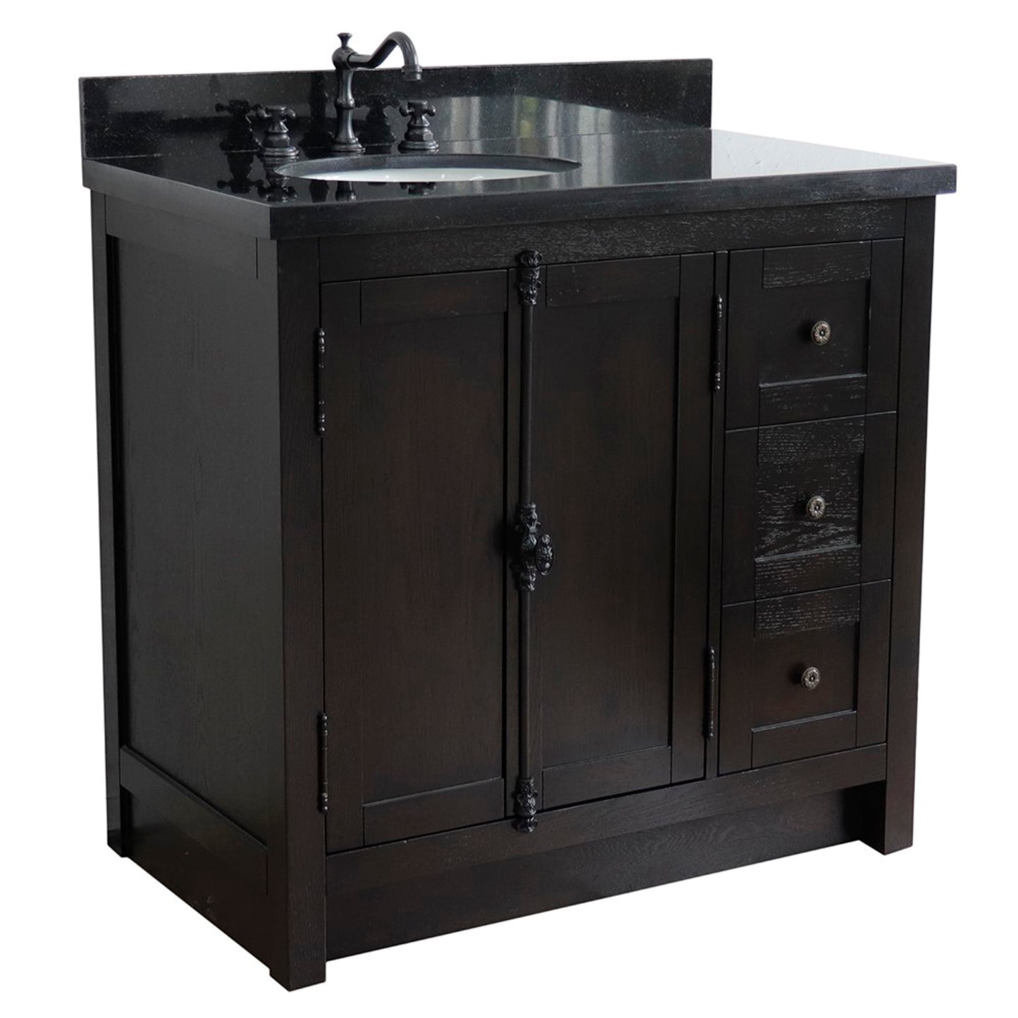 37" Single vanity in Brown Ash finish with Black galaxy top and oval sink Left doors/Left sink