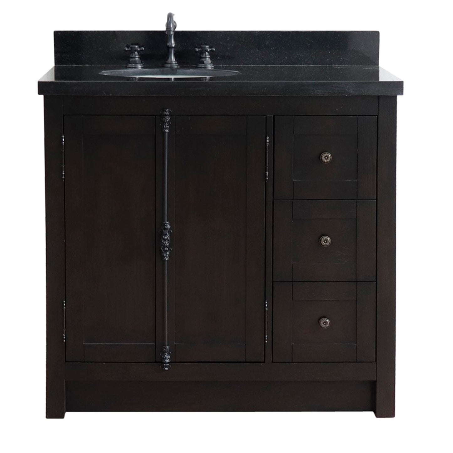 37" Single vanity in Brown Ash finish with Black galaxy top and oval sink Left doors/Left sink