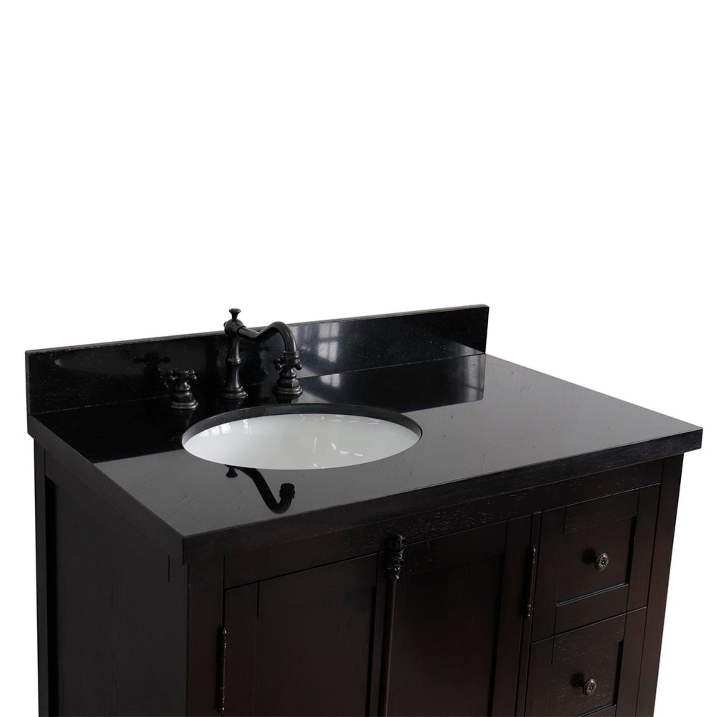 37" Single vanity in Brown Ash finish with Black galaxy top and oval sink Left doors/Left sink