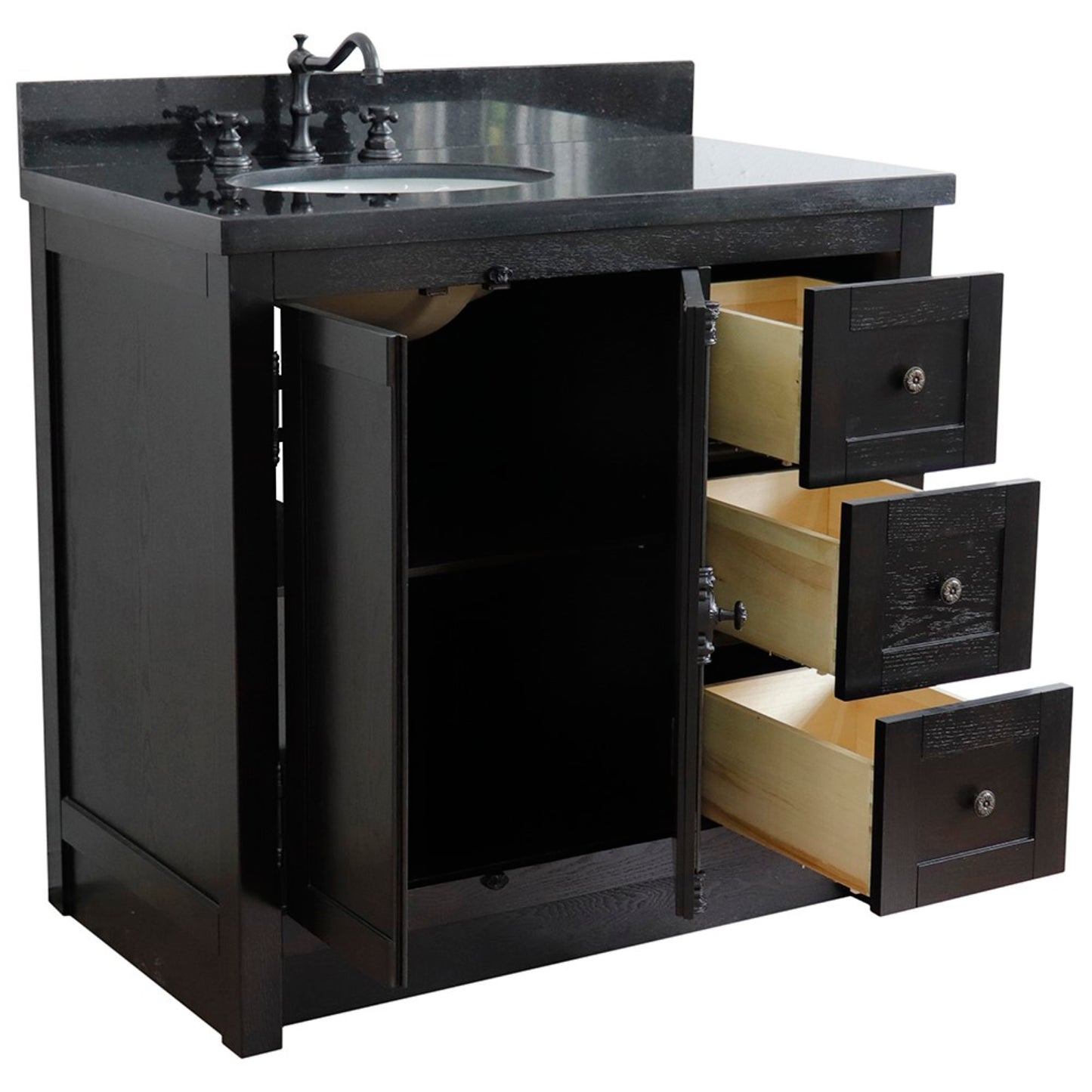 37" Single vanity in Brown Ash finish with Black galaxy top and oval sink Left doors/Left sink