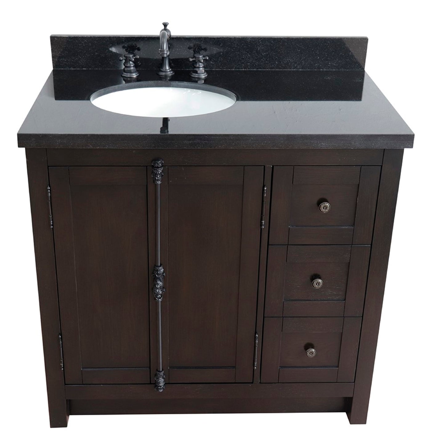 37" Single vanity in Brown Ash finish with Black galaxy top and oval sink Left doors/Left sink