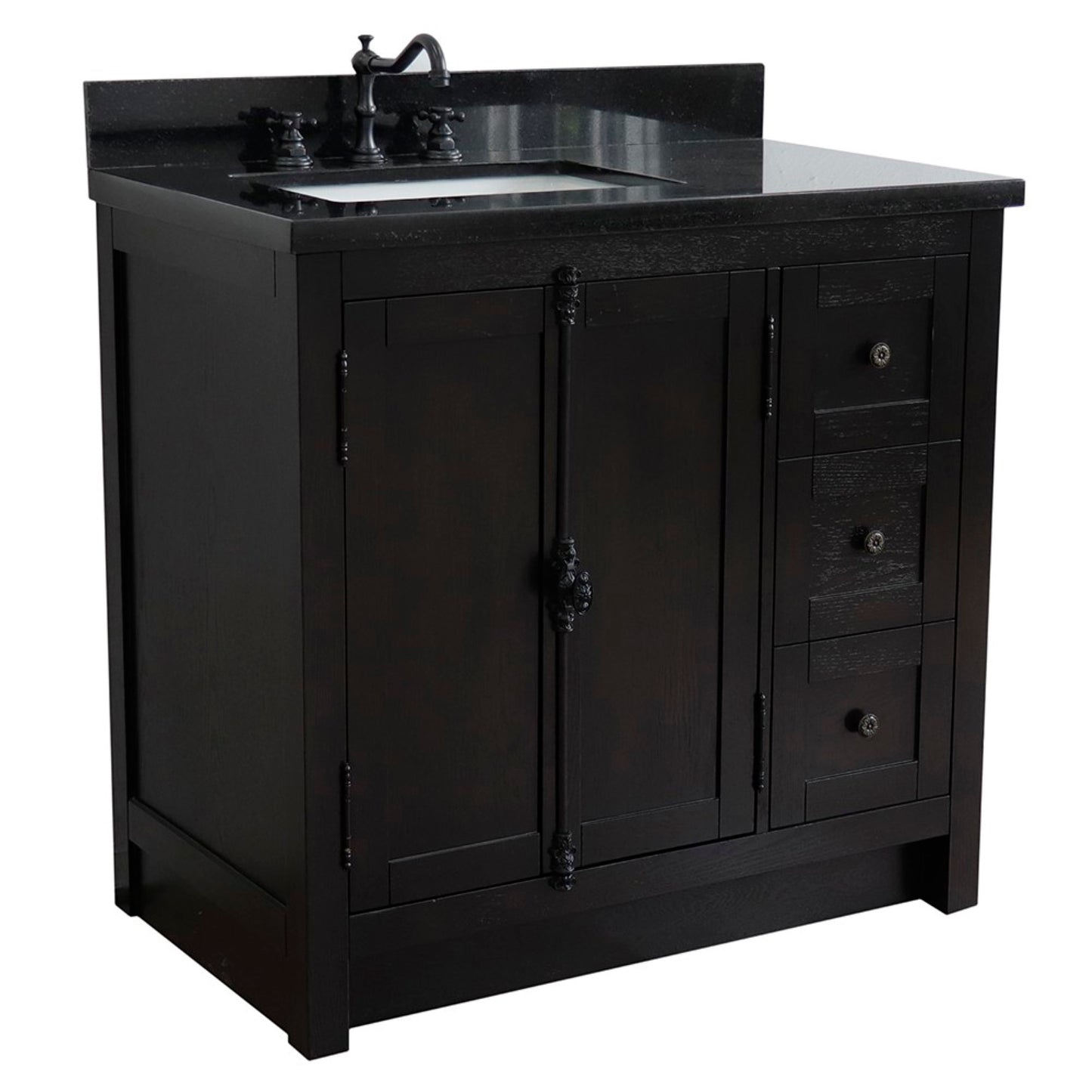 37" Single vanity in Brown Ash finish with Black galaxy top and rectangle sink Left doors/Left sink
