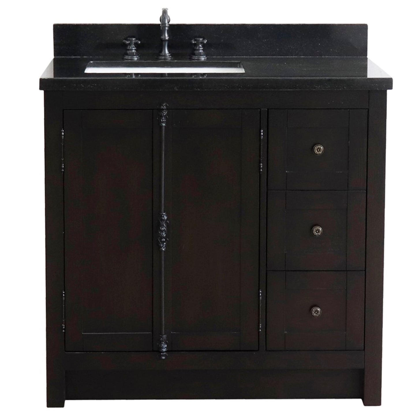 37" Single vanity in Brown Ash finish with Black galaxy top and rectangle sink Left doors/Left sink