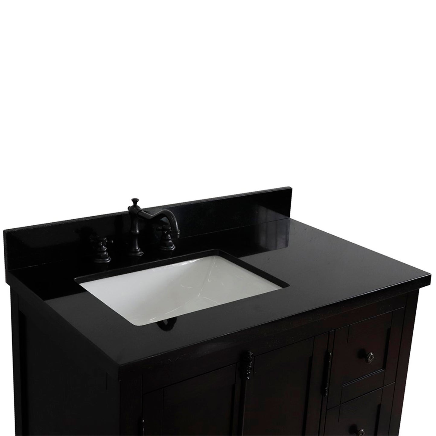 37" Single vanity in Brown Ash finish with Black galaxy top and rectangle sink Left doors/Left sink