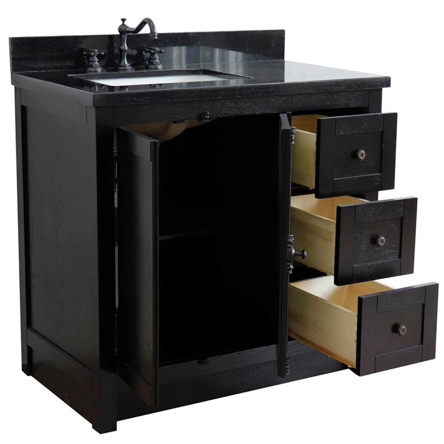 37" Single vanity in Brown Ash finish with Black galaxy top and rectangle sink Left doors/Left sink
