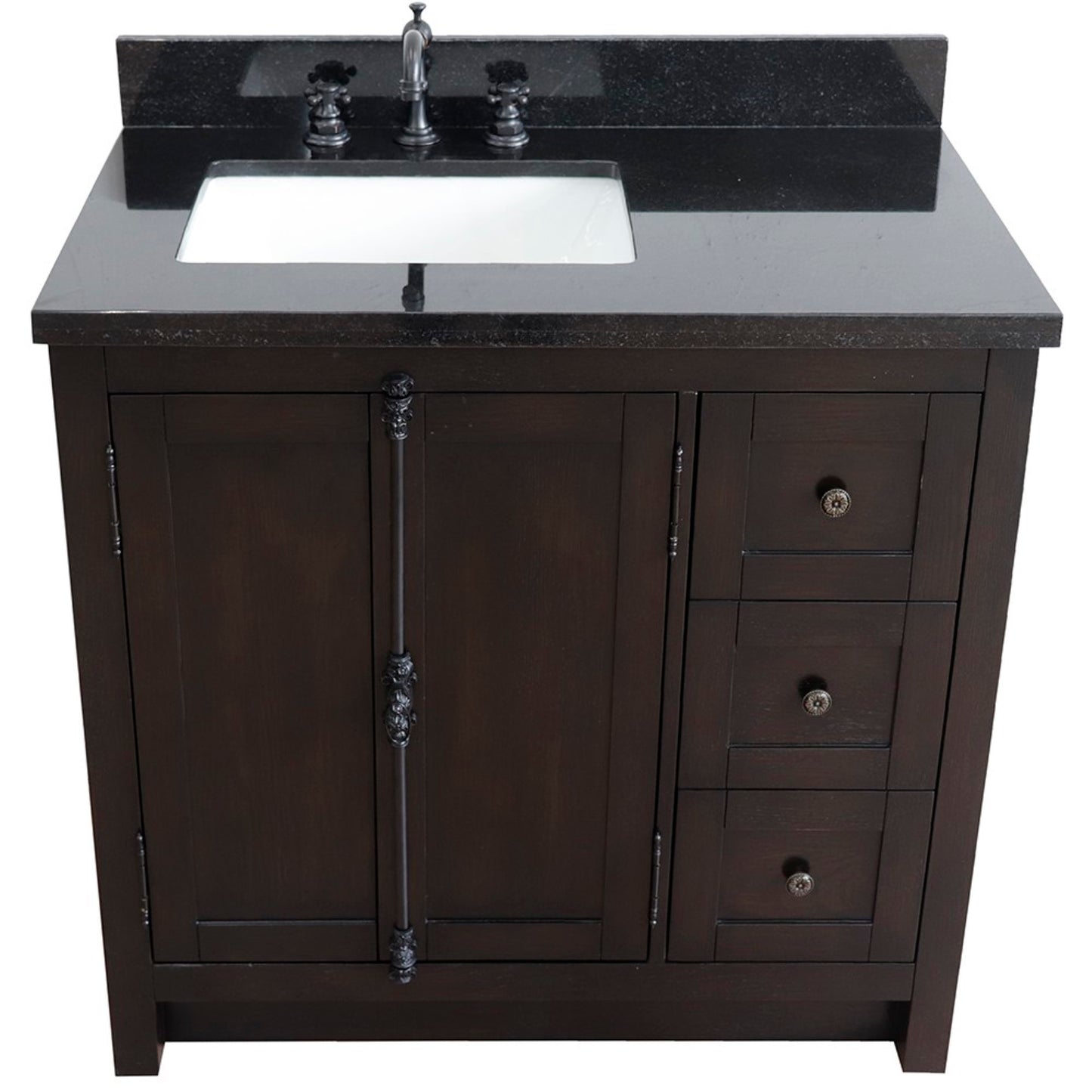 37" Single vanity in Brown Ash finish with Black galaxy top and rectangle sink Left doors/Left sink