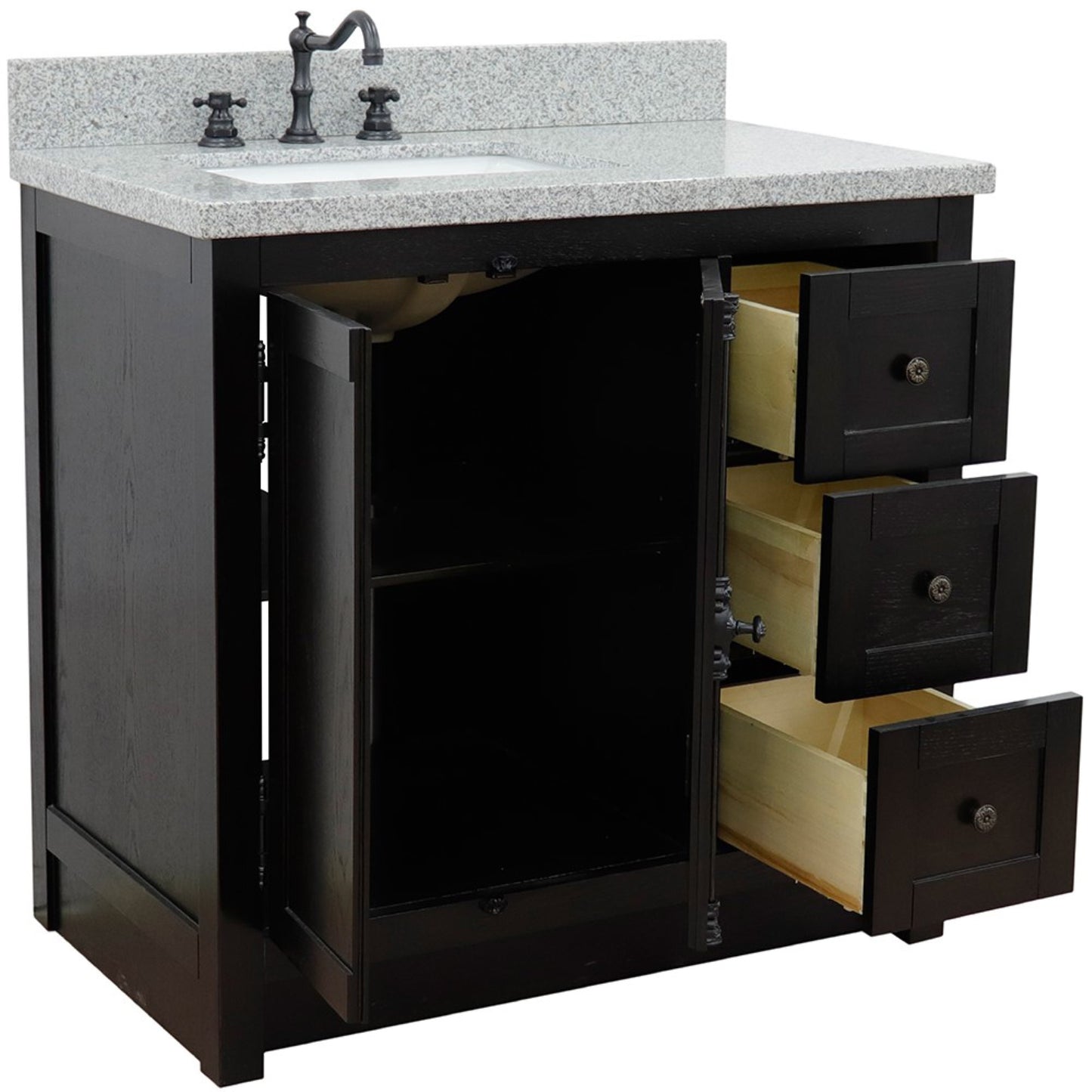 37" Single vanity in Brown Ash finish with Gray granite top and rectangle sink Left doors/Left sink