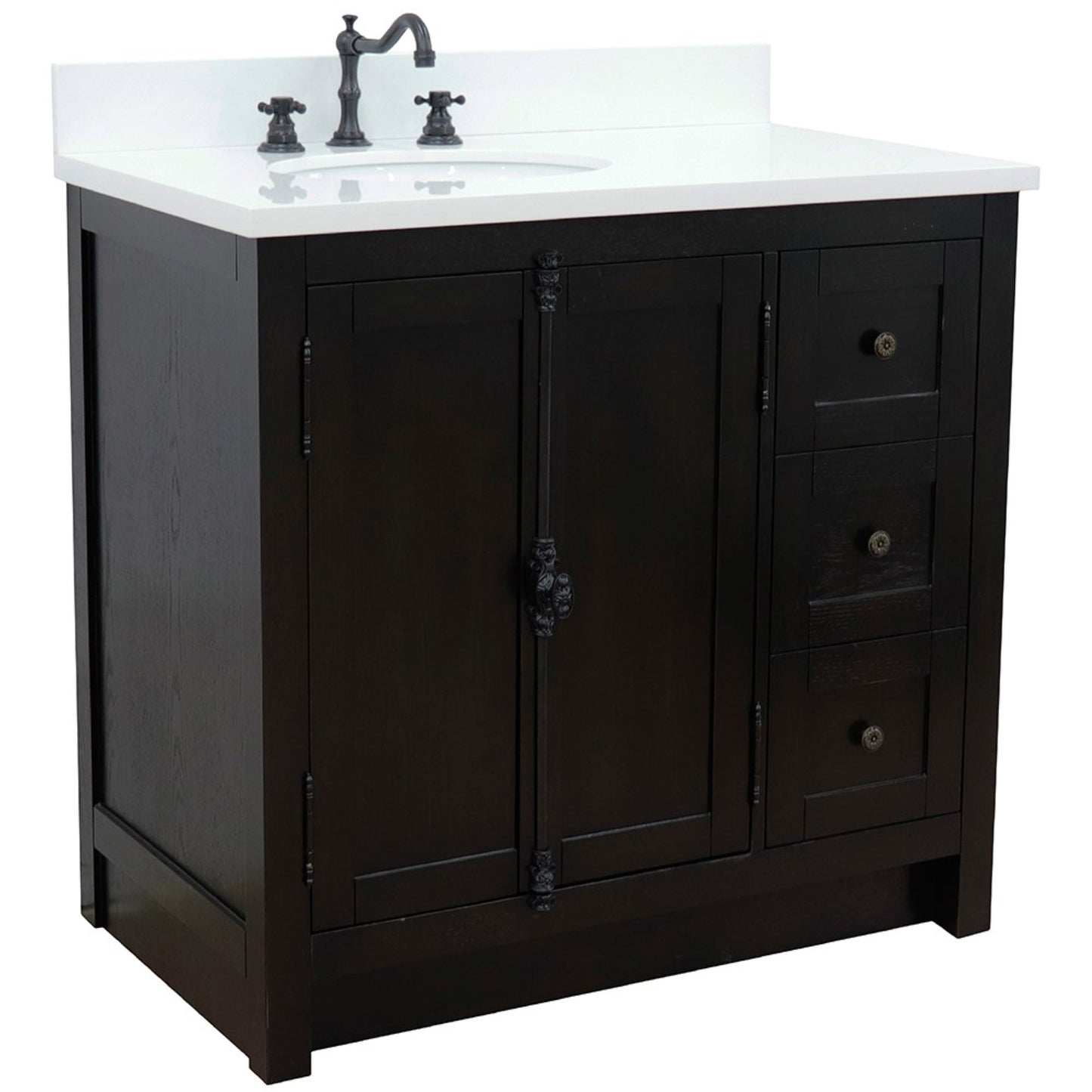 37" Single vanity in Brown Ash finish with White engineered stone top and oval sink Left doors/Left sink