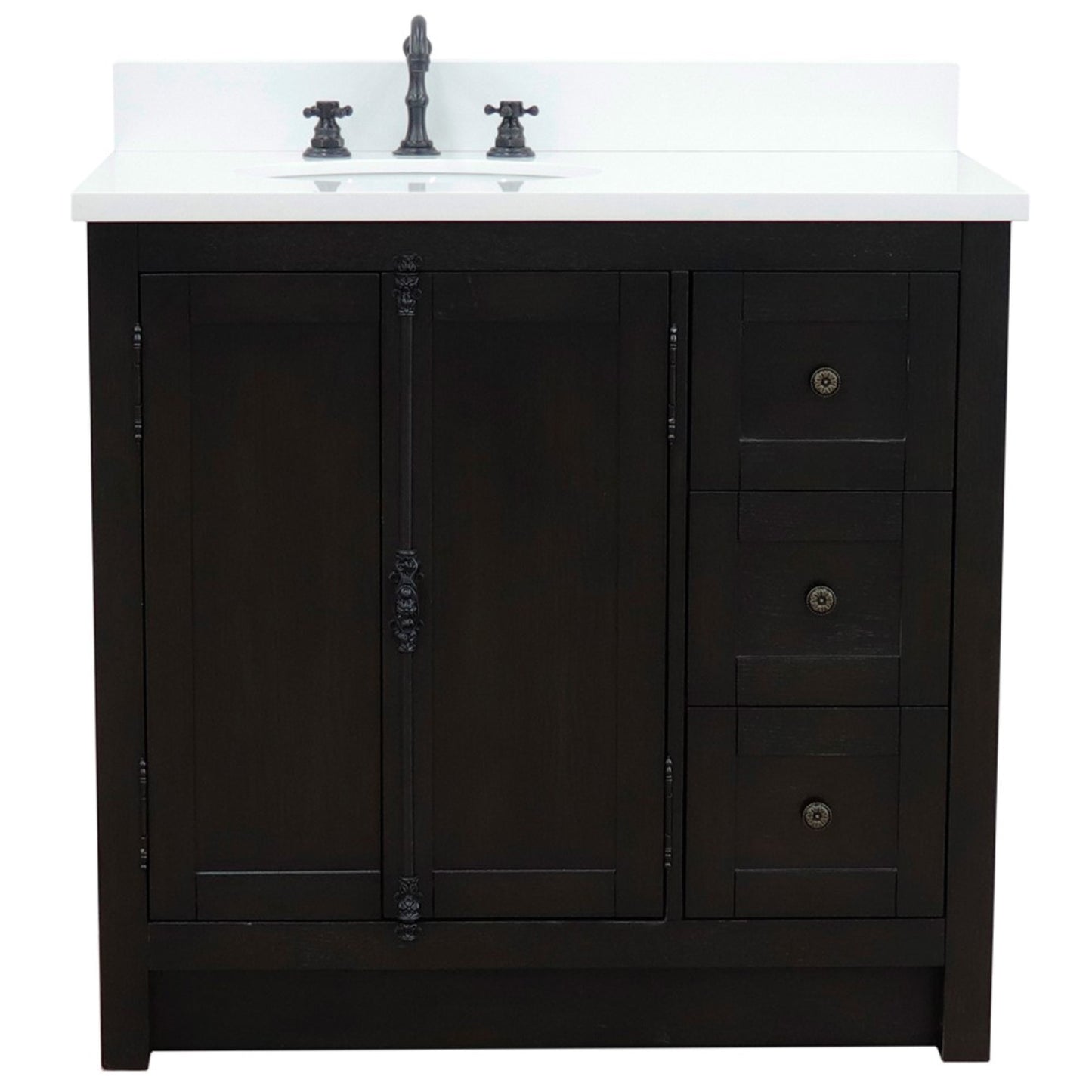 37" Single vanity in Brown Ash finish with White engineered stone top and oval sink Left doors/Left sink