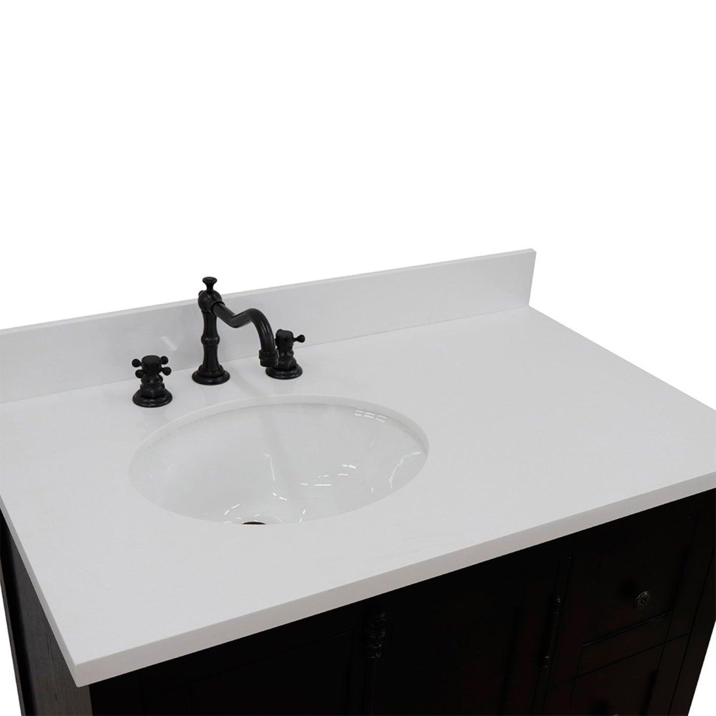 37" Single vanity in Brown Ash finish with White engineered stone top and oval sink Left doors/Left sink