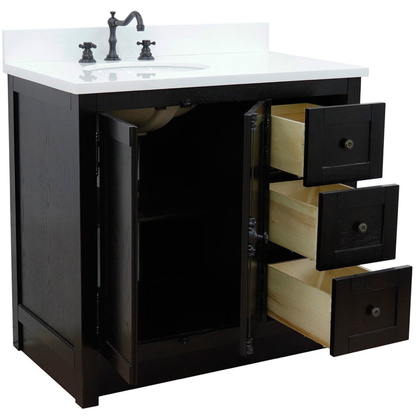 37" Single vanity in Brown Ash finish with White engineered stone top and oval sink Left doors/Left sink