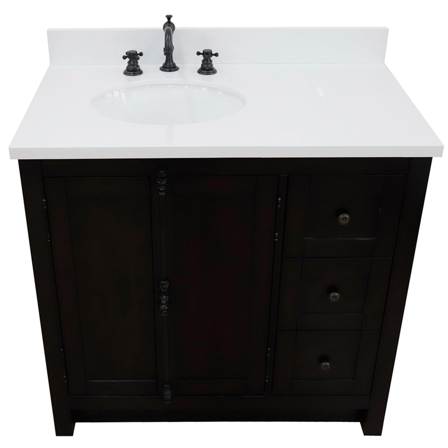 37" Single vanity in Brown Ash finish with White engineered stone top and oval sink Left doors/Left sink